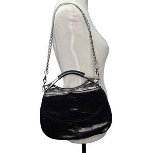 Kenneth Cole Purse Black Leather Satchel Modern Steel Purse Chain Link Strap